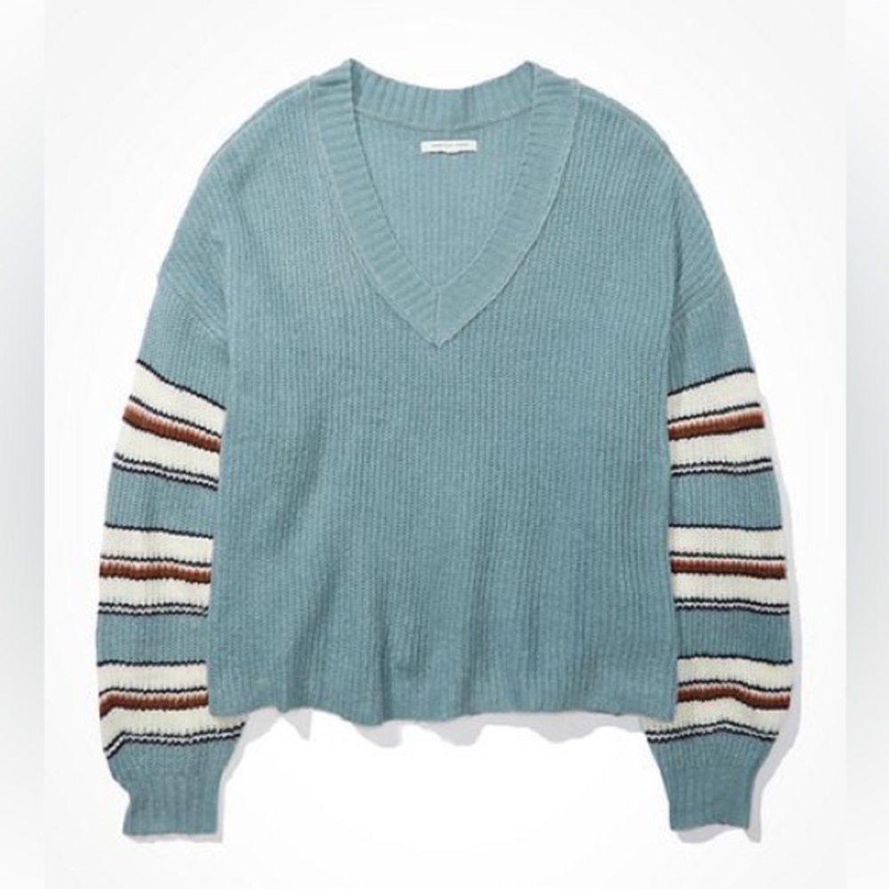 American Eagle Outfitters Teal V-Neck Sweater with Striped Sleeves